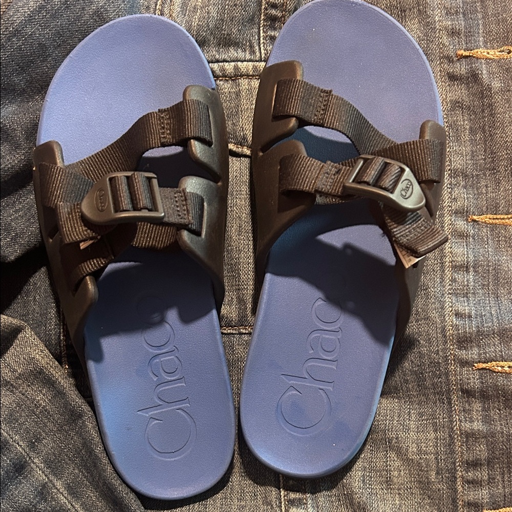 Chaco Kids Blue Footbed Black Straps Slide Sandals
